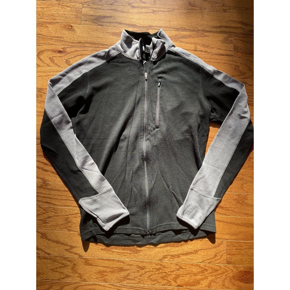 Ibex Black Gray Full Zip Up‎ 100% Merino Wool Jacket with Thumb Holes Size M